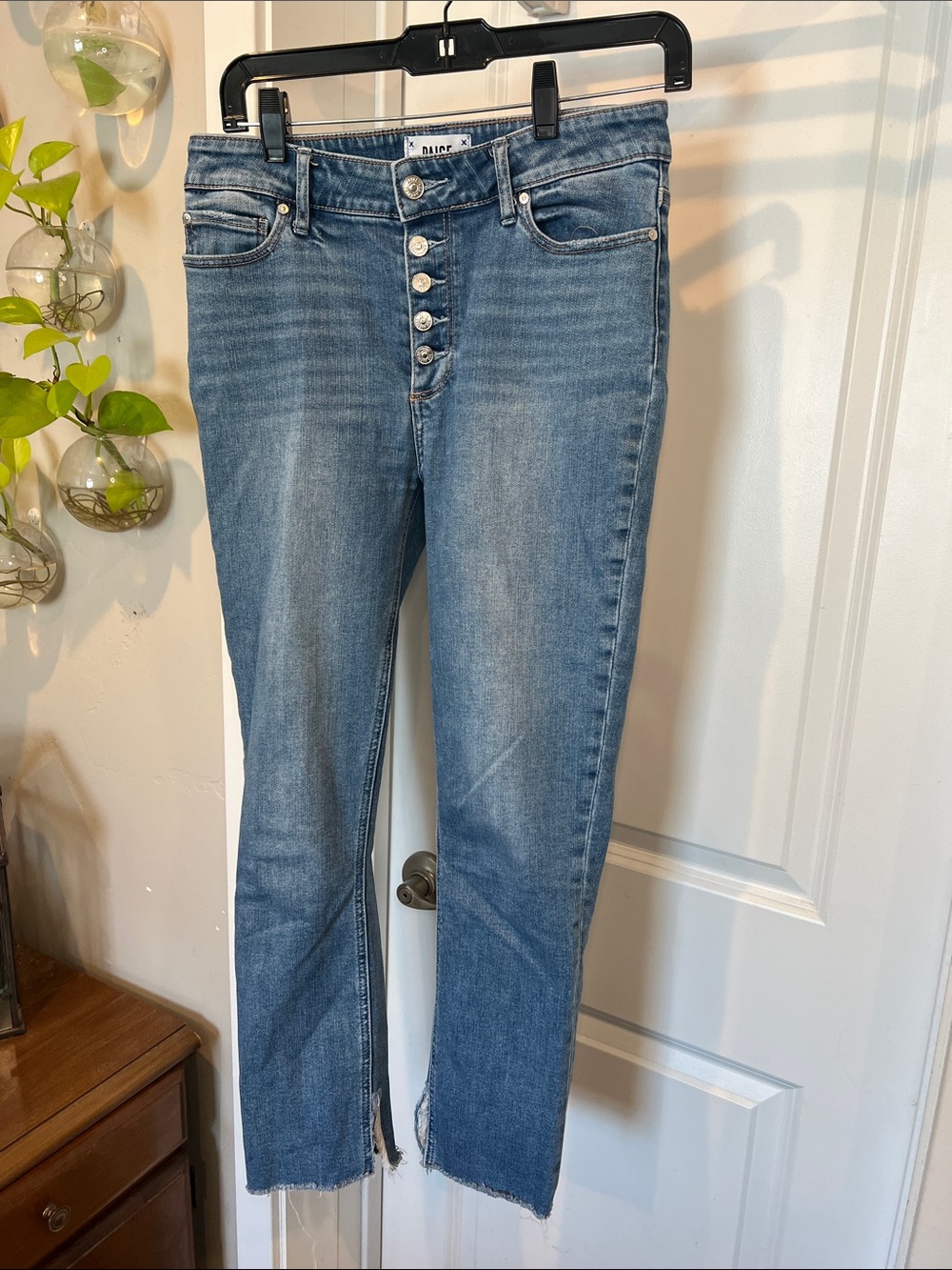 PAIGE Medium Blue High-Rise Button-Fly Cropped Jeans with Frayed Hem